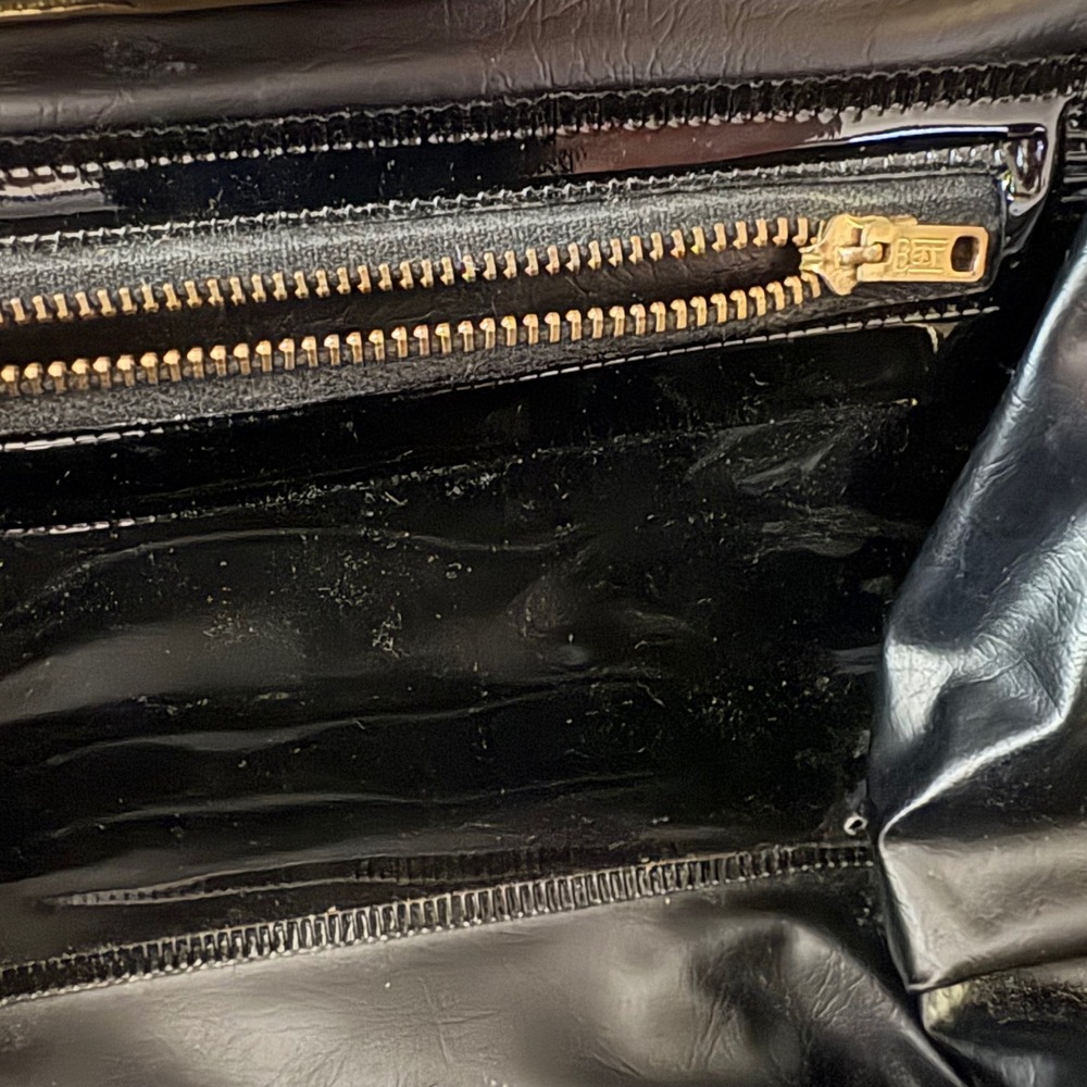 VTG 60s Top Handle Purse Bag Glossy Black Vinyl Framed Kelly Style Retro Classy - Picture 10 of 11